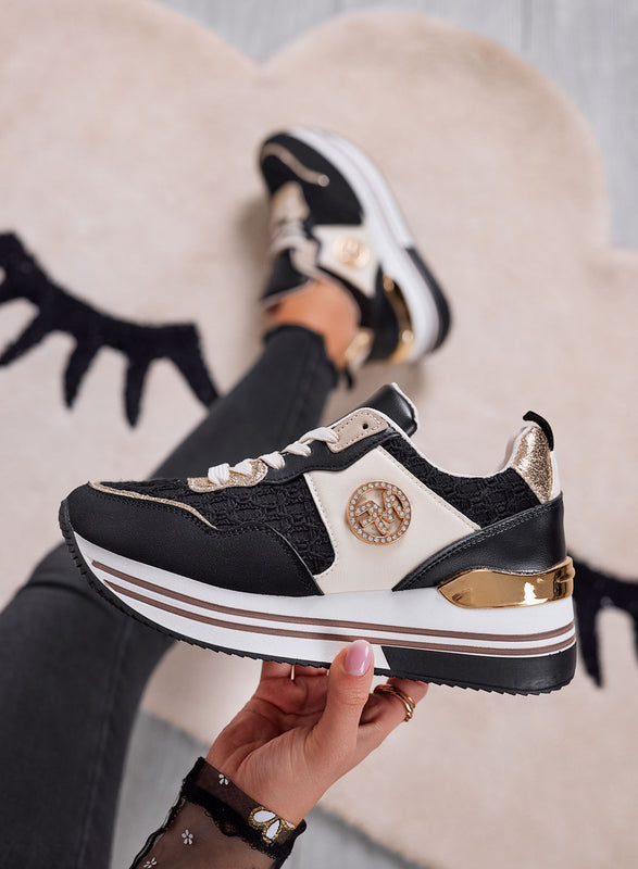 WALKER - Sneakers da donna nere con dettagli dorati e suola spessa