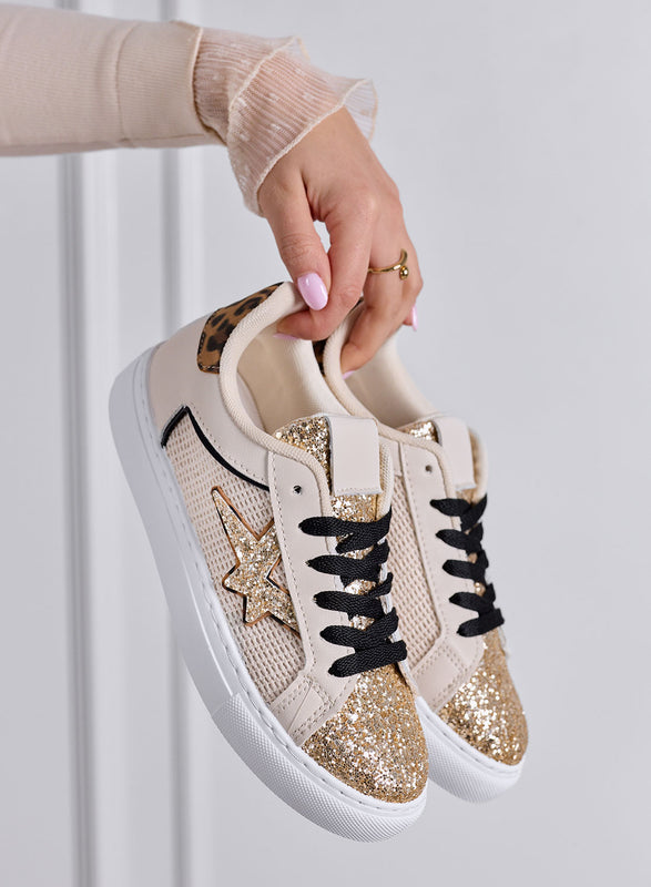 ANNALISA - Baskets basses beiges avec paillettes dorées et talon léopard