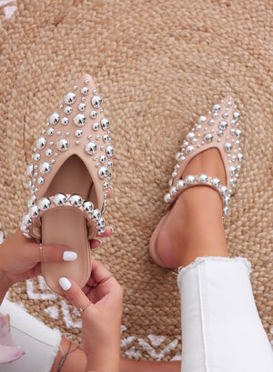 WILDA - Beige pointed-toe mule ballerinas with sphere studs