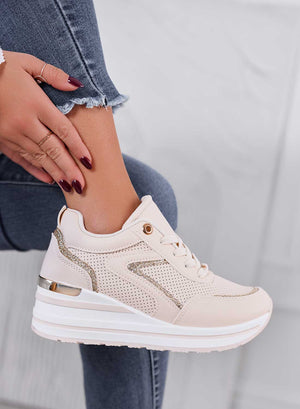 XENA - Sneakers beige con inserti glitter e zeppa