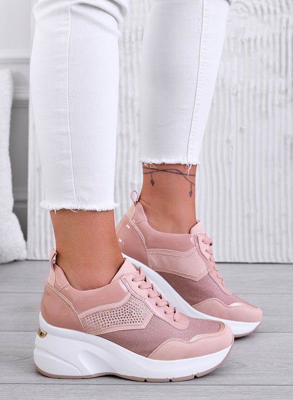 XENIA - Sneakers rosa con zeppa e strass