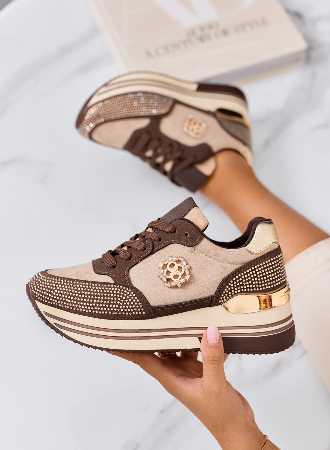 XIOMARA - Brown platform sneakers with gold inserts and rhinestones