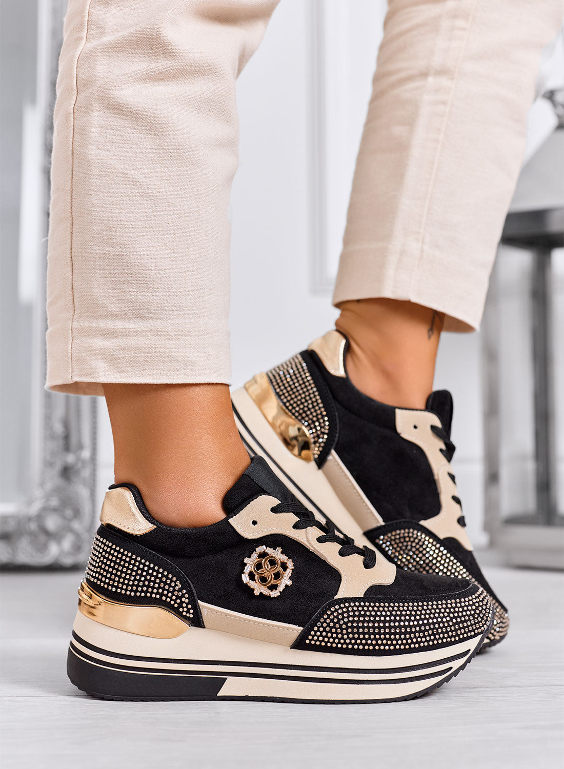 XIOMARA - Black platform sneakers with gold inserts and rhinestones