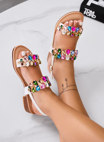 YASMINE - Low white sandals with multicolor jewel stones and ankle strap