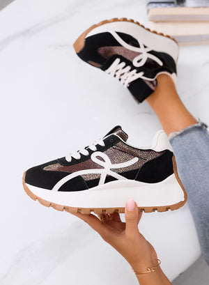 YONA - Black sneakers with white details and thick sole