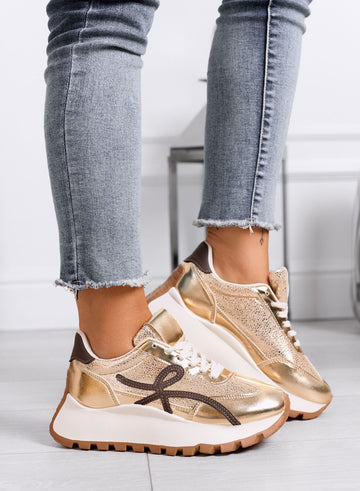 YONA - Gold sneakers with brown details and thick sole