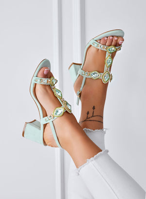YULIA - Green Jewel Sandals with Block Heel and Stones