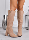 ZAIRA - Bottes hautes beige en daim avec talon large et détail doré