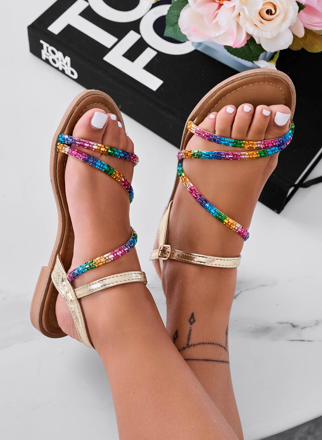 ZALA - Low gold sandals with multicolor jeweled straps
