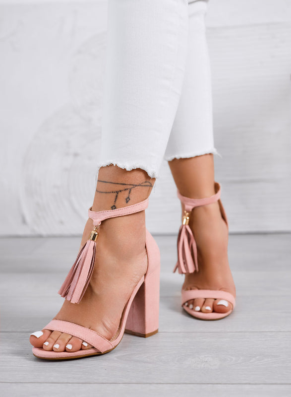ZIVA - Sandali rosa con tacco largo e nappine pendenti