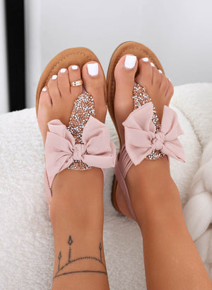 ZOEE - Pink flat thong sandals with bow and rhinestones