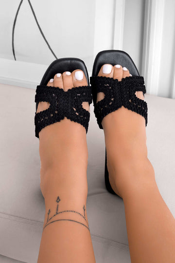 Black sandals slippers with embroidery