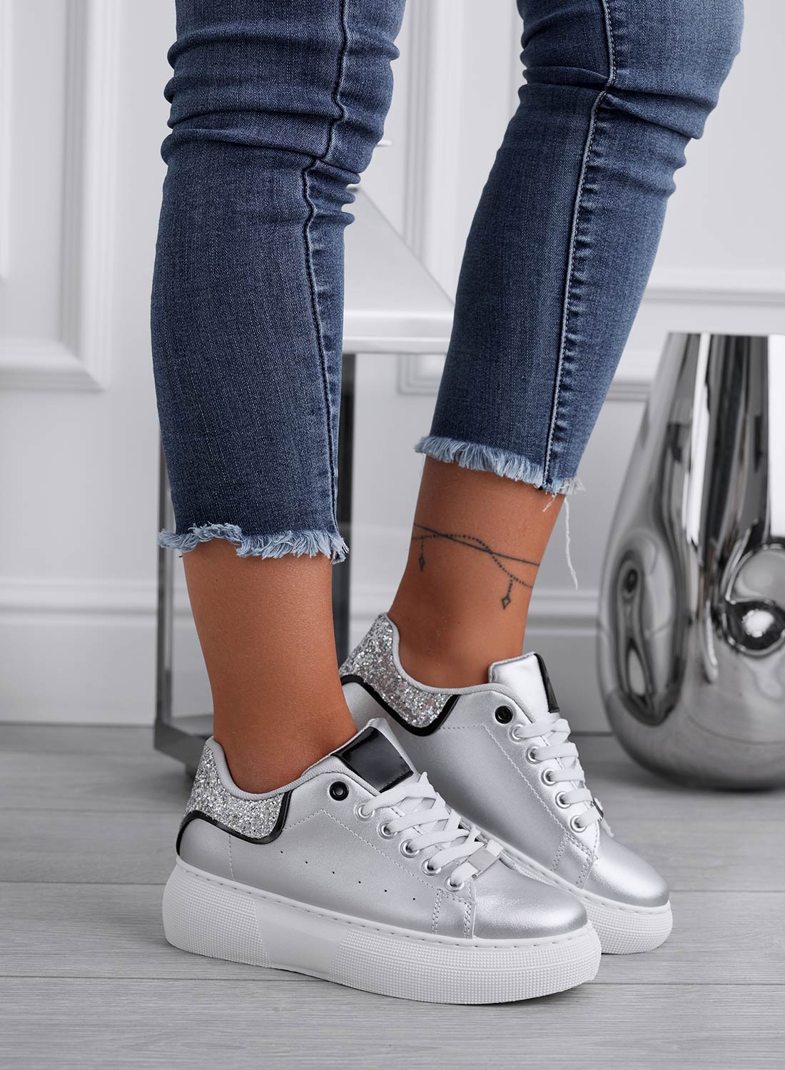 ZORA - Silver sneakers with glitter heel