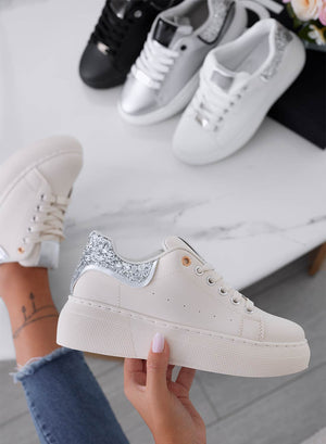 ZORA - Beige sneakers with silver glitter heel