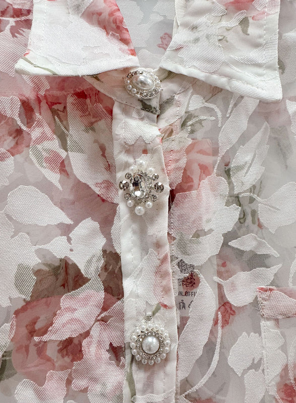 Chemisier Femme en Organza Floral avec Boutons Bijoux