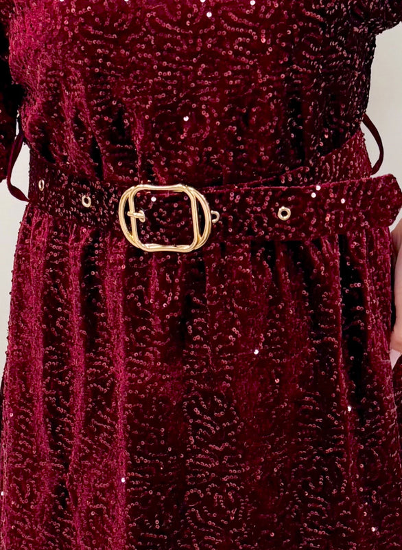 Burgundy sequin dress with belt