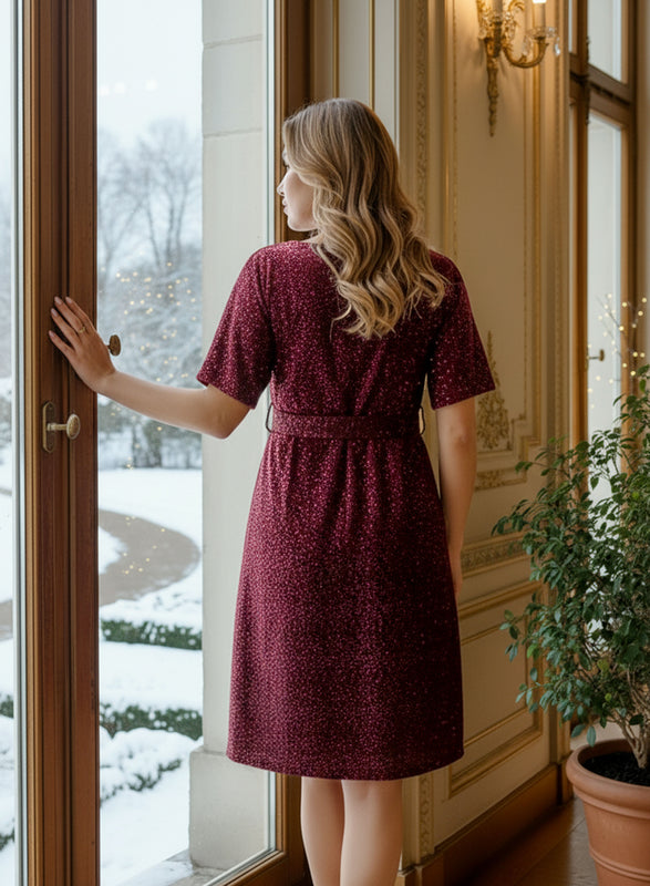 Burgundy sequin dress with belt