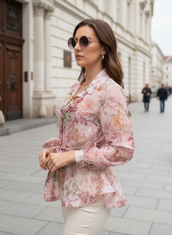 Pink Floral Shirt with Waist Belt and Ruffles