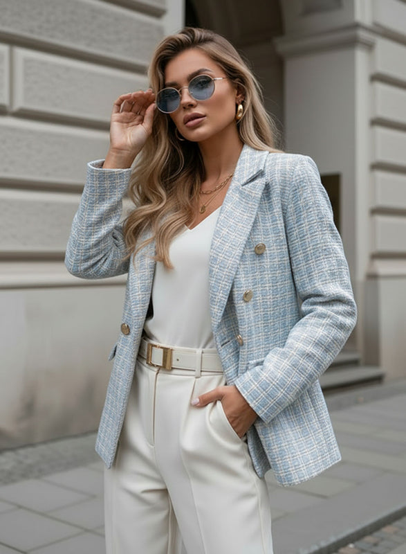 Veste Femme à Motif Tweed blanc et bleu clair avec Boutons dorés