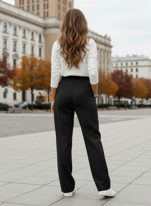 Black trousers with elastic and drawstring waist