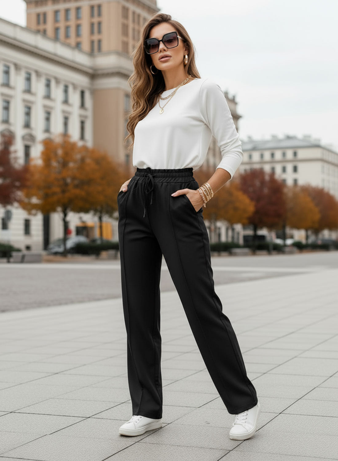 Black trousers with elastic and drawstring waist