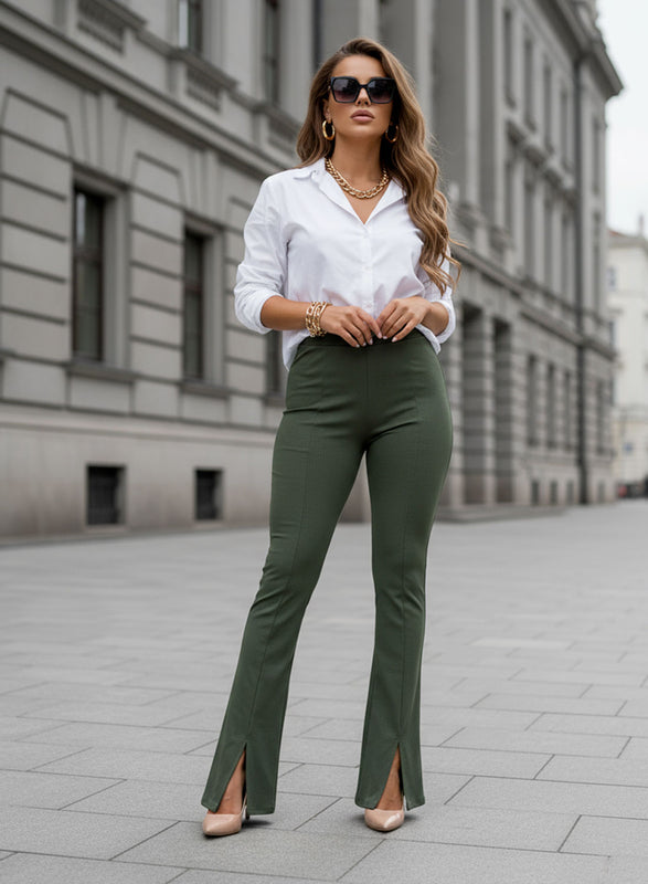 Green ribbed trousers with slit
