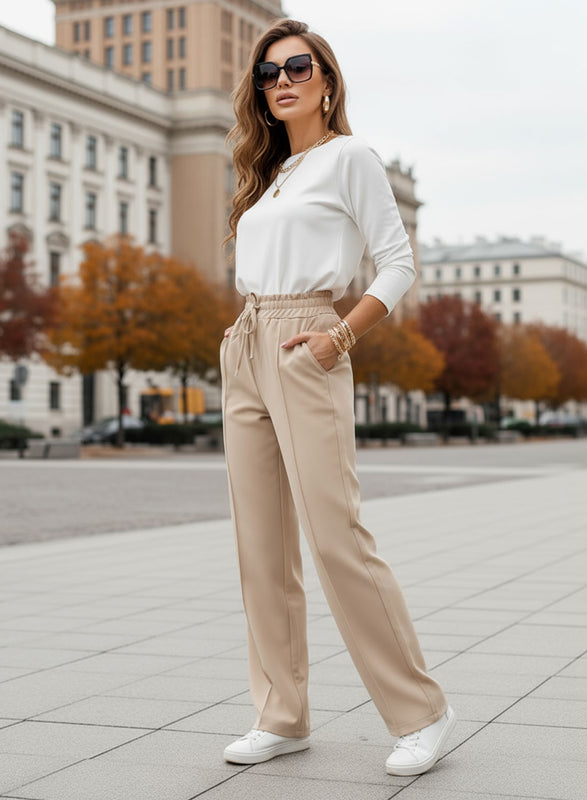 Beige trousers with elastic and drawstring waist