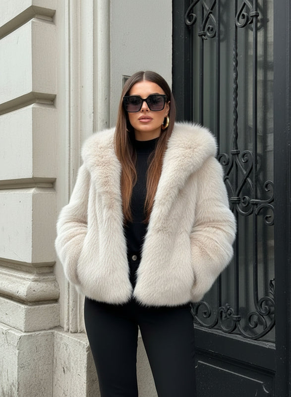 Giacca beige in ecopelliccia con cappuccio