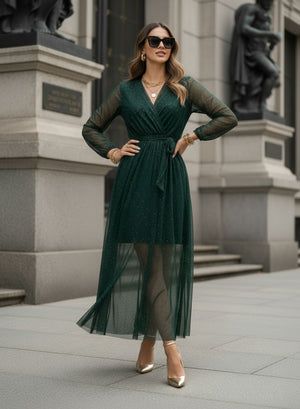 Long green dress in tulle with glitter