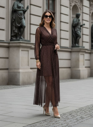 Brown long dress in sheer fabric with glitter