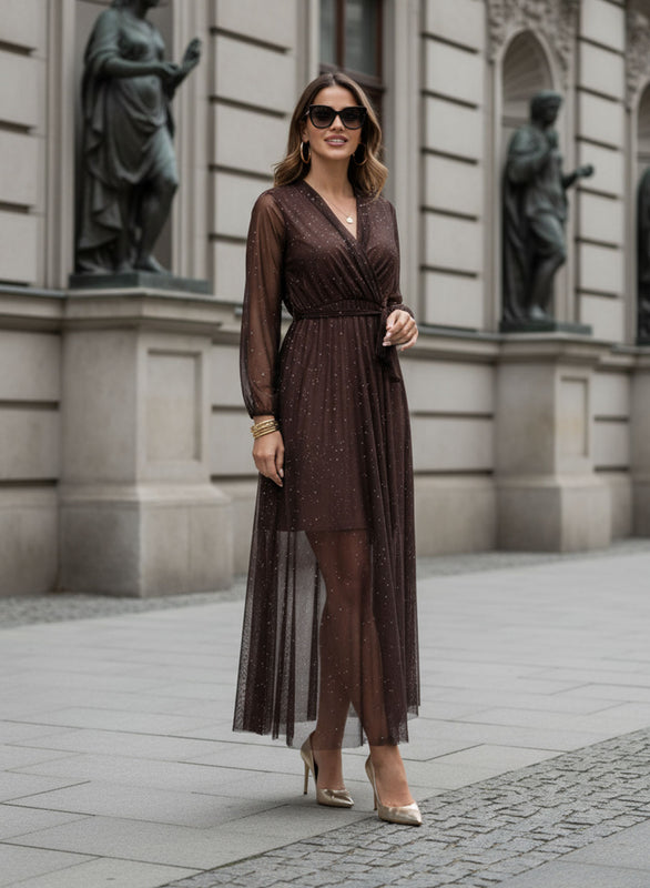 Brown long dress in sheer fabric with glitter
