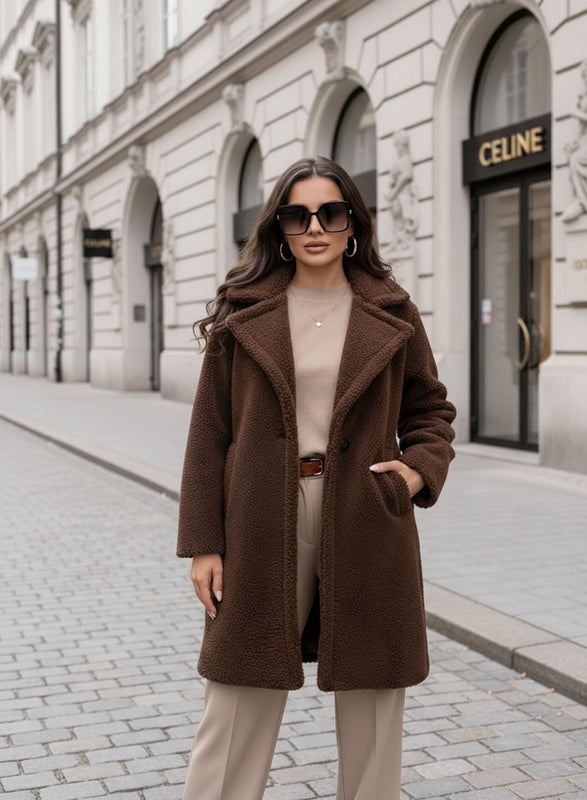 Brown teddy coat with pockets and button
