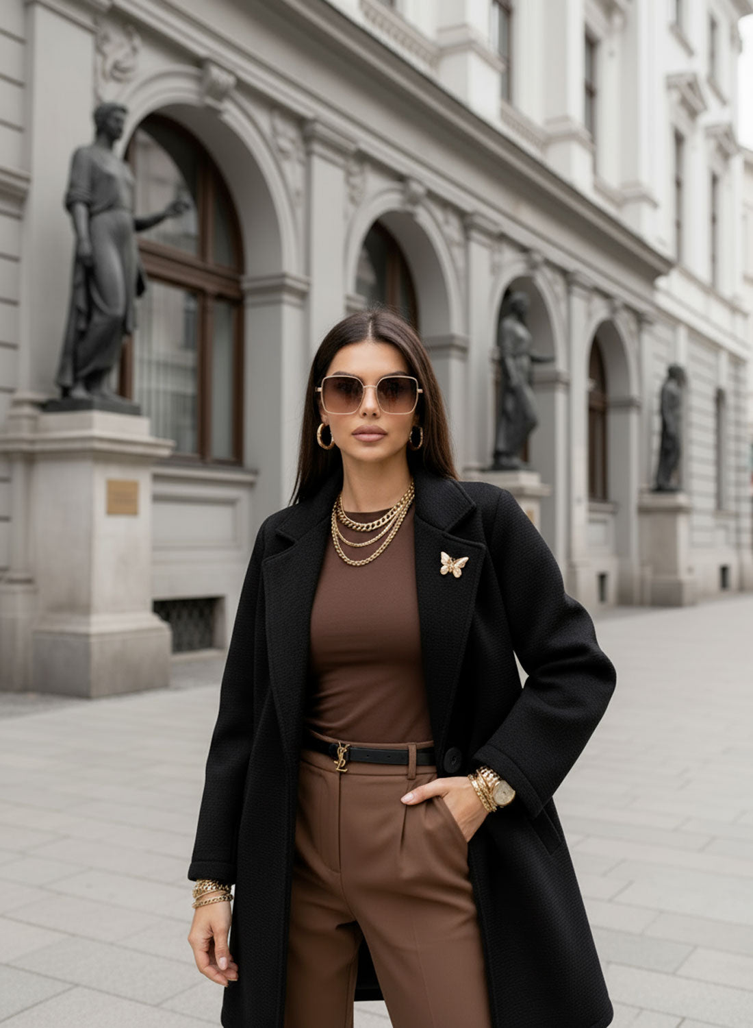 Black coat with black button and brooch