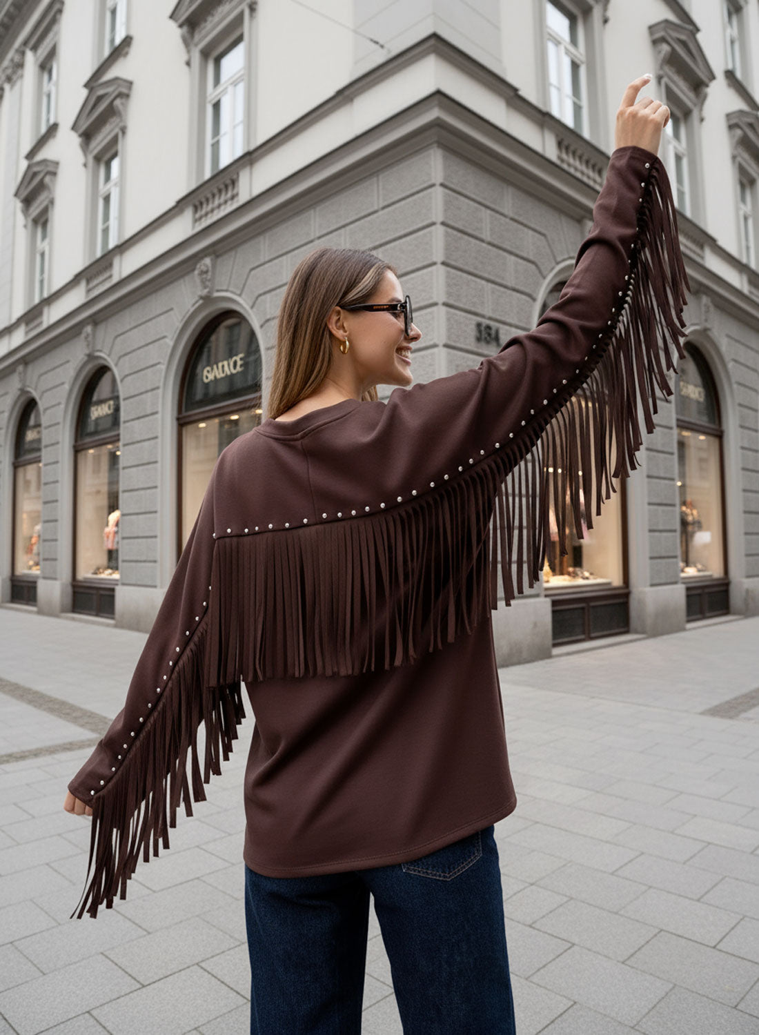 Brown maxi sweater with studs and fringes