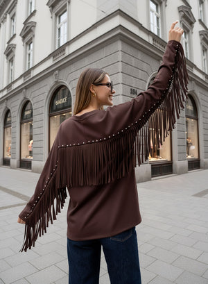 Brown maxi sweater with studs and fringes