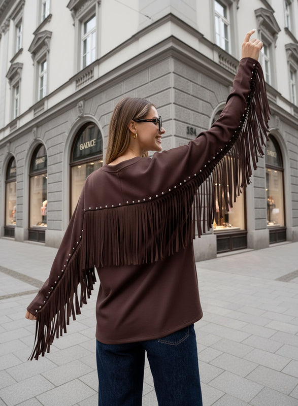 Brown maxi sweater with studs and fringes