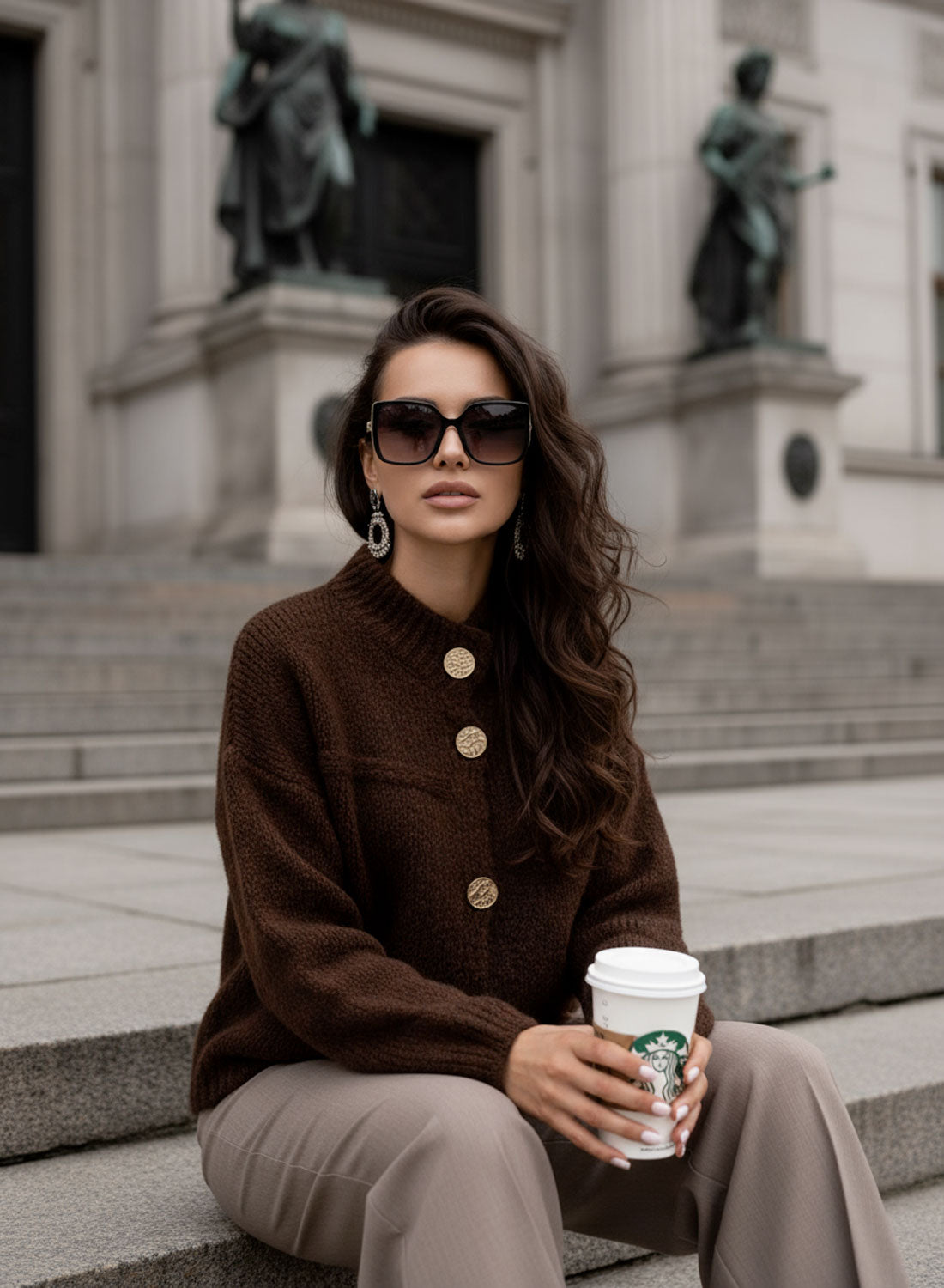 Brown cardigan jacket with gold buttons
