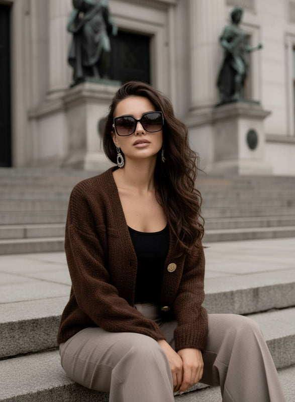 Brown cardigan jacket with gold buttons