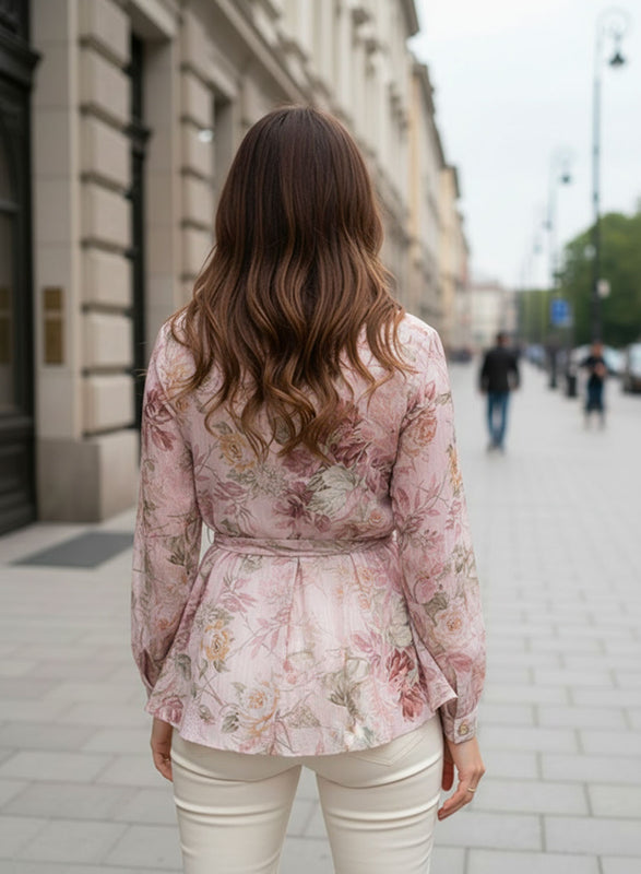Pink Floral Shirt with Waist Belt and Ruffles