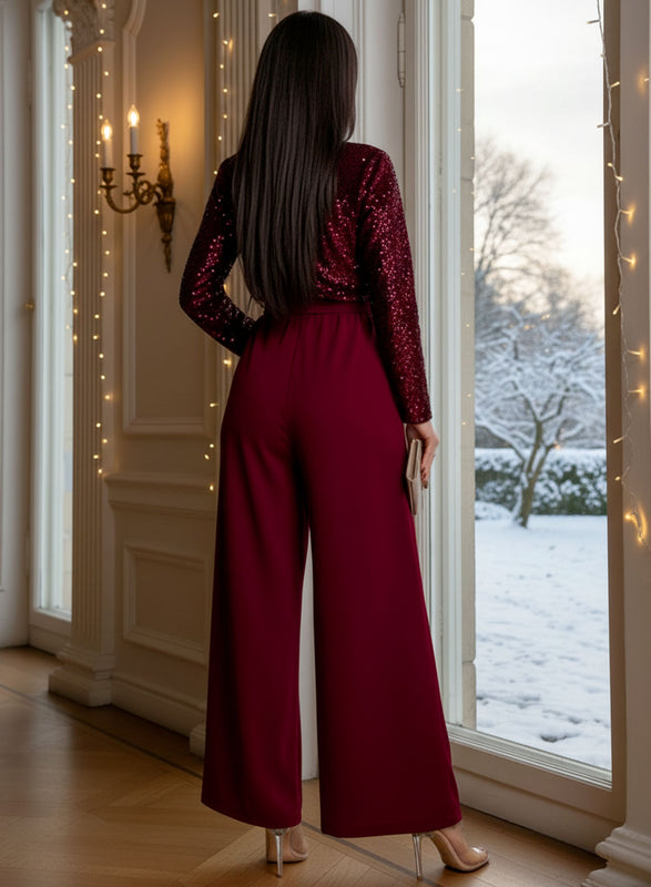 Burgundy jumpsuit with sequin top