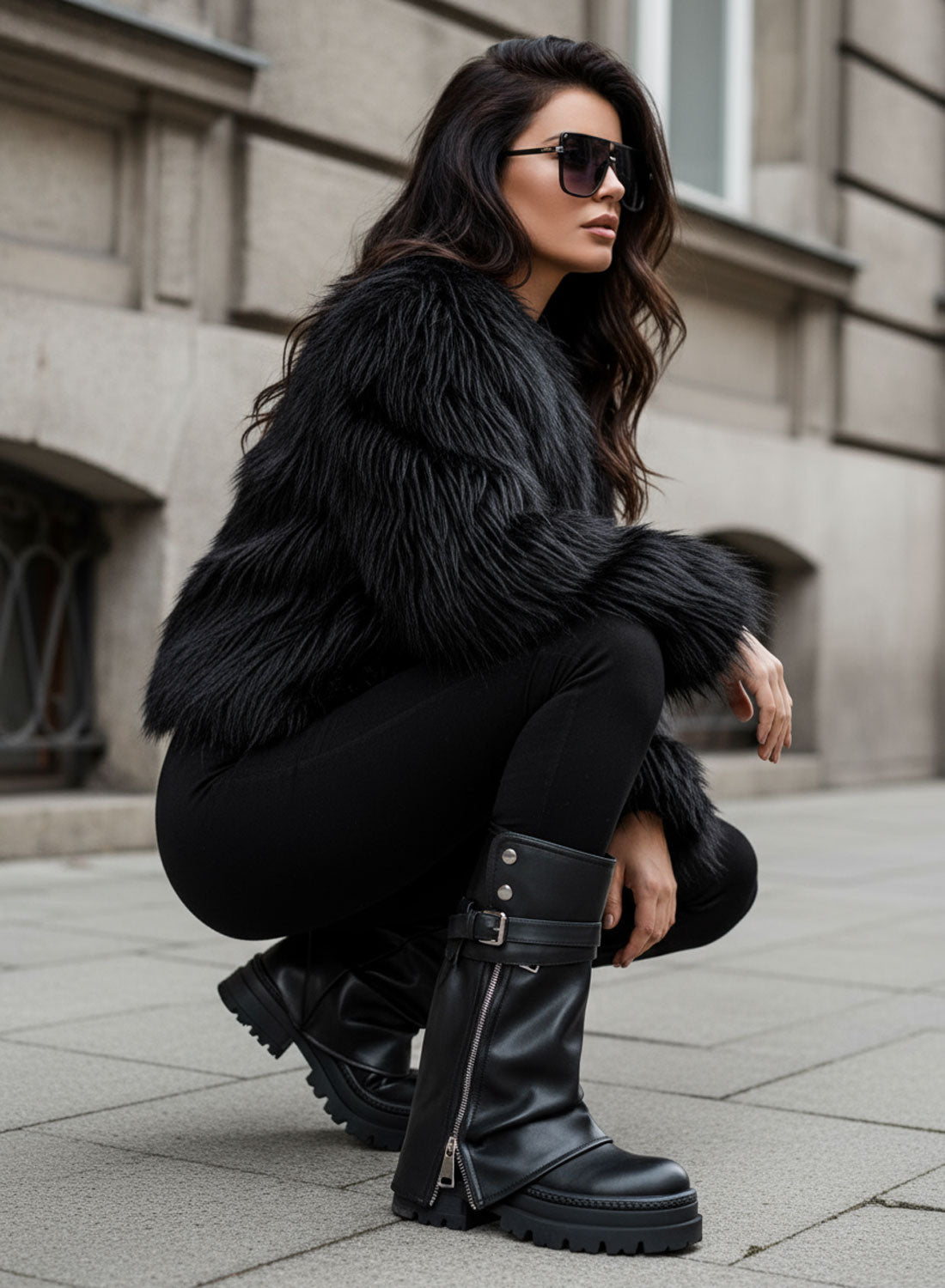 VALERY - Black biker boots with zip and buckles, chunky platform sole