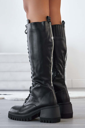 Alexoo black combat boots with laces and rhinestones on the back