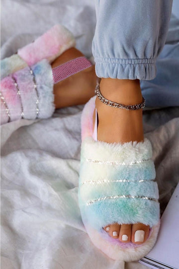 LEYLA - Rainbow slippers in faux fur with rhinestones and elastic