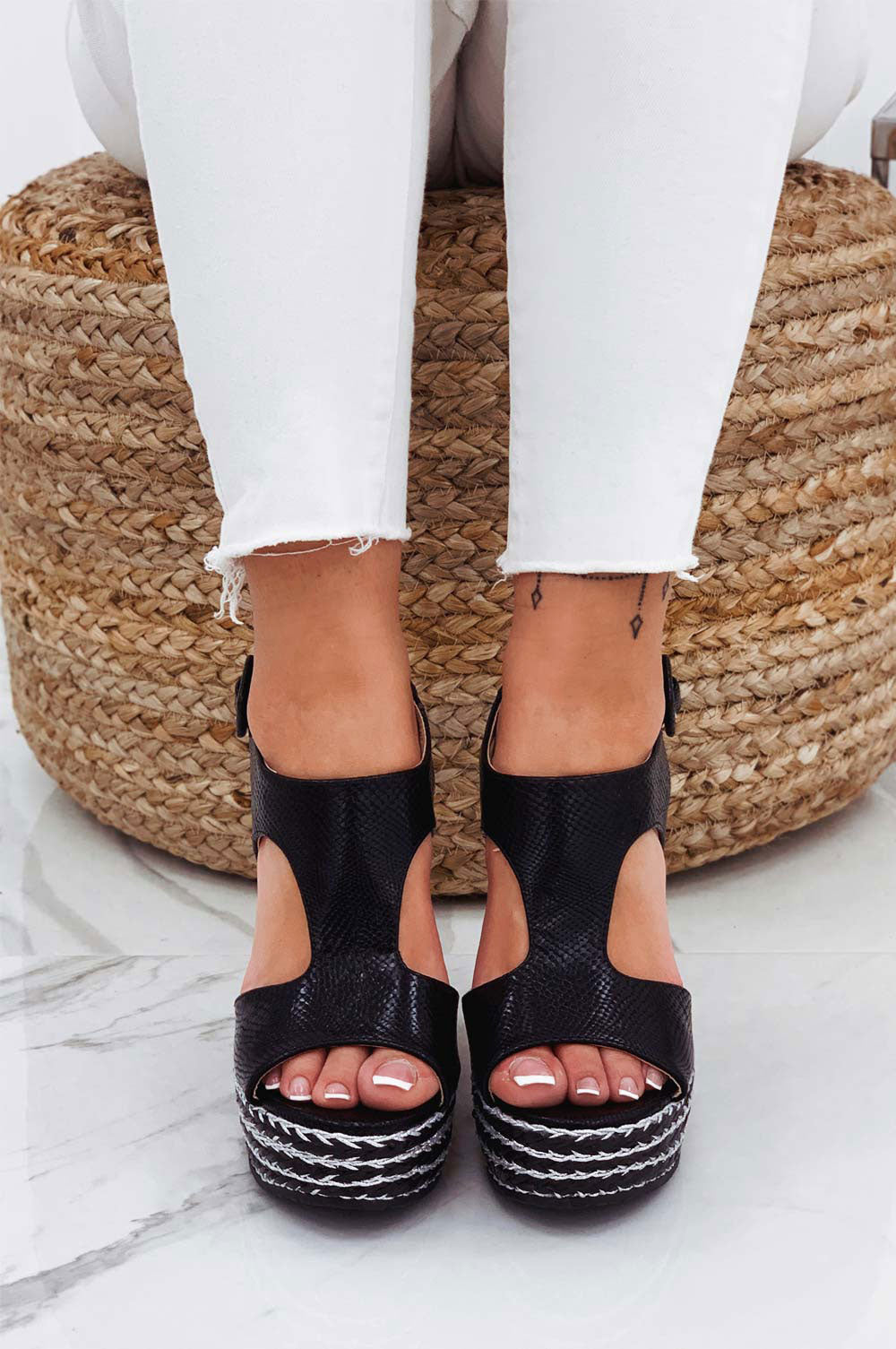 Black wedge sandals with silver rope inserts