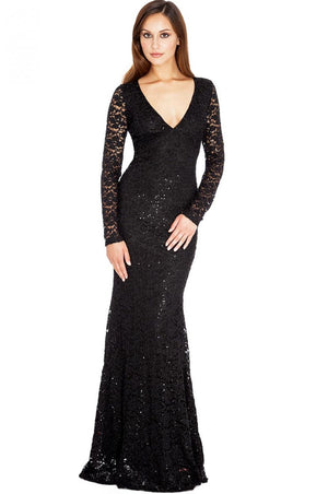 Long lace and sequin dress with back neckline - Black