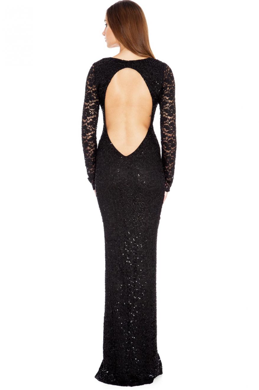 Long lace and sequin dress with back neckline - Black