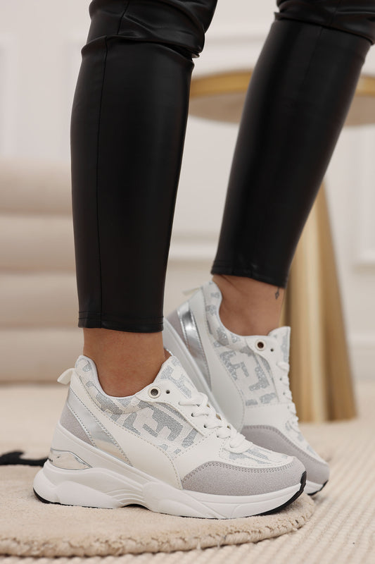 Sneakers bianche con inserti glitter argento