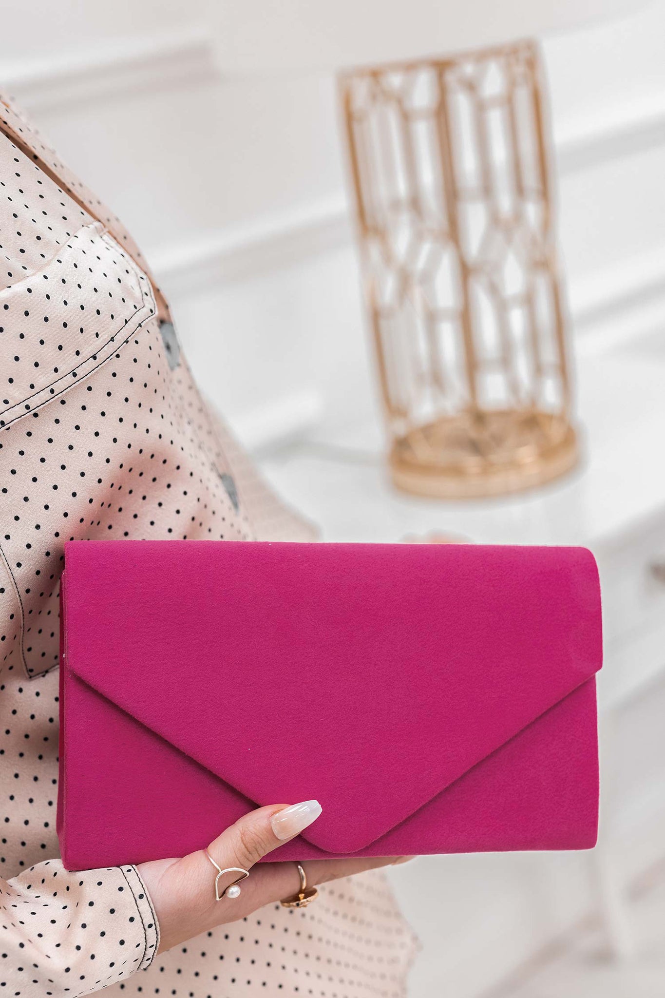 B205 fuchsia suede clutch bag