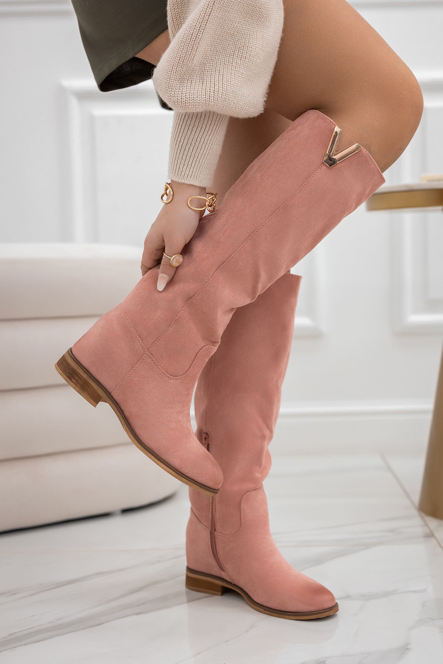 RANDA - Bottes roses en daim avec semelle compensée intérieure