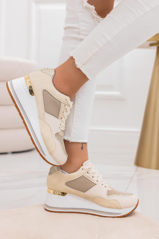 SENDY - Sneakers con pannelli a contrasto beige e glitter